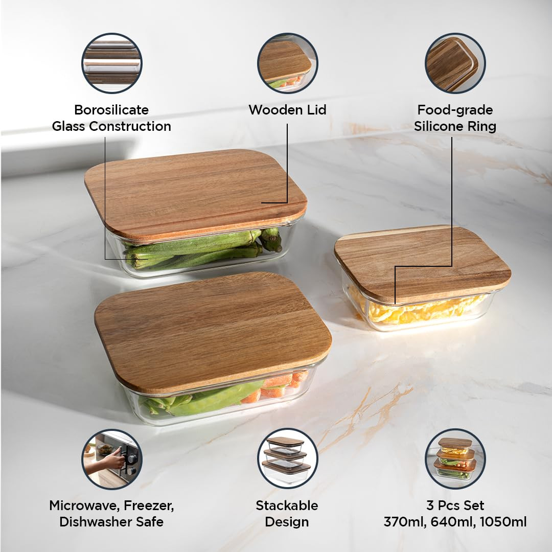 Kuber Industries Kitchen Containers | Air Tight Containers With Wooden Lid | Kitchen Storage Organizer | Microwave Safe Box | Container Set for Kitchen | Set of 3 | Transparent