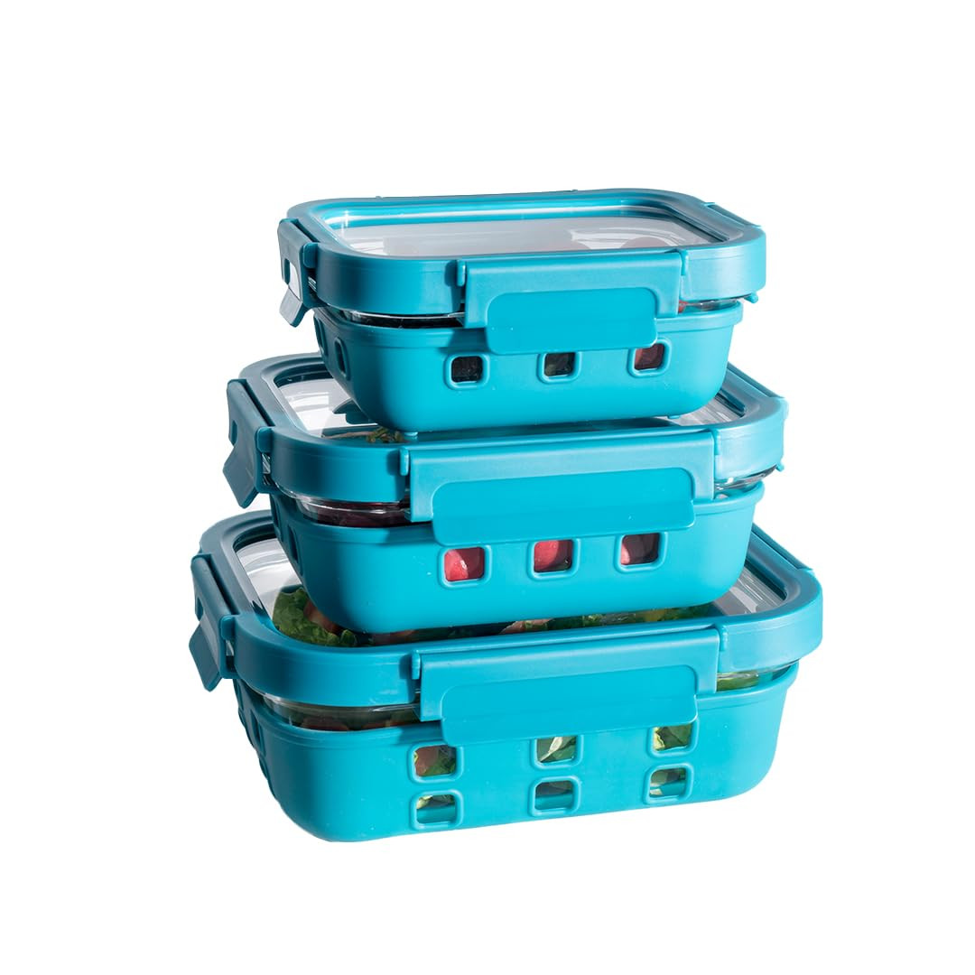 Kuber Industries Kitchen Containers | Silicone Sleeves with Lock Lid | Air Tight Containers for Storage | Kitchen Organizer With Lid | Rectangle Contaniner Set | Set of 3 | Blue