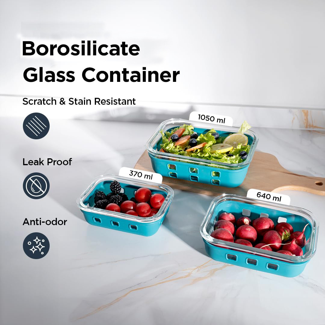 Kuber Industries Kitchen Containers | Silicone Sleeves with Lock Lid | Air Tight Containers for Storage | Kitchen Organizer With Lid | Rectangle Contaniner Set | Set of 3 | Blue