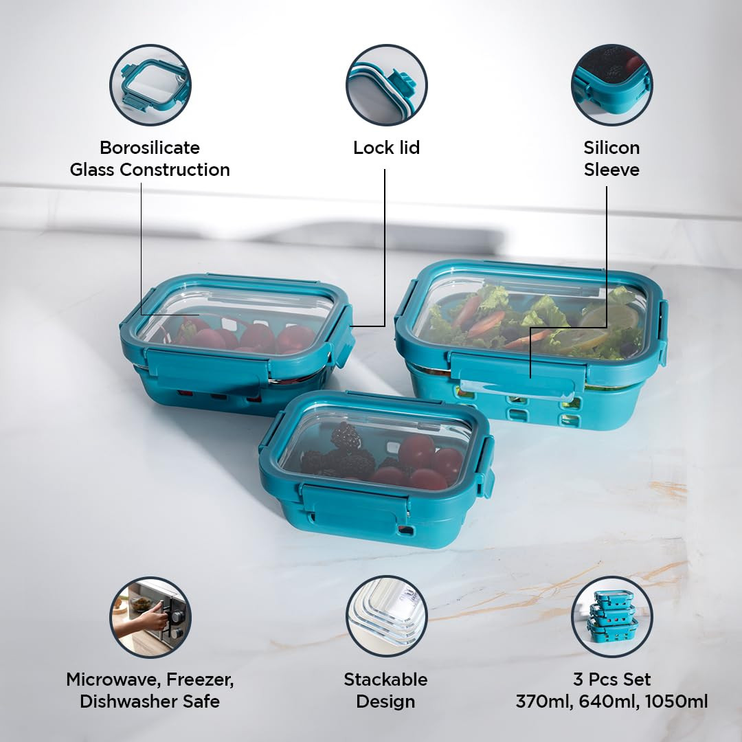 Kuber Industries Kitchen Containers | Silicone Sleeves with Lock Lid | Air Tight Containers for Storage | Kitchen Organizer With Lid | Rectangle Contaniner Set | Set of 3 | Blue