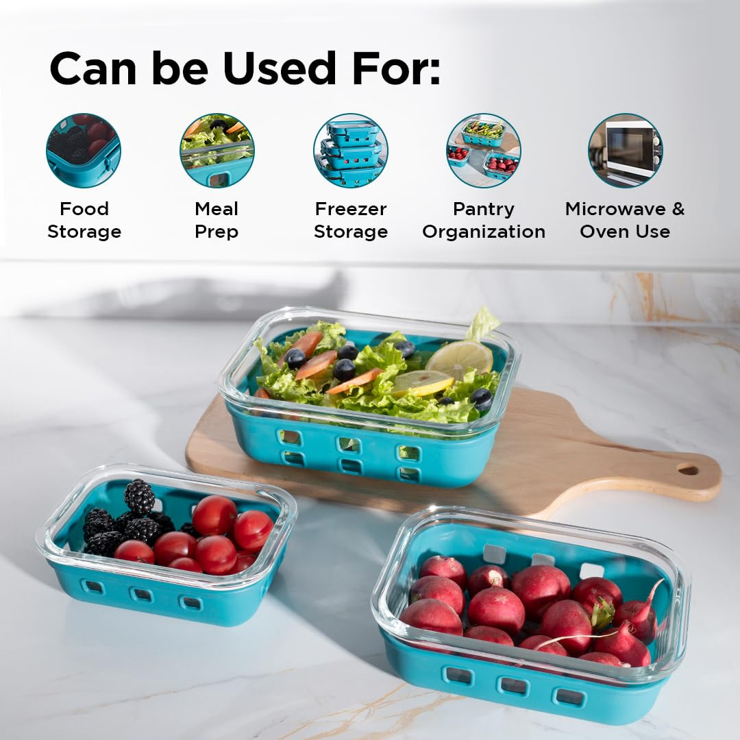 Kuber Industries Kitchen Containers | Silicone Sleeves with Lock Lid | Air Tight Containers for Storage | Kitchen Organizer With Lid | Rectangle Contaniner Set | Set of 3 | Blue