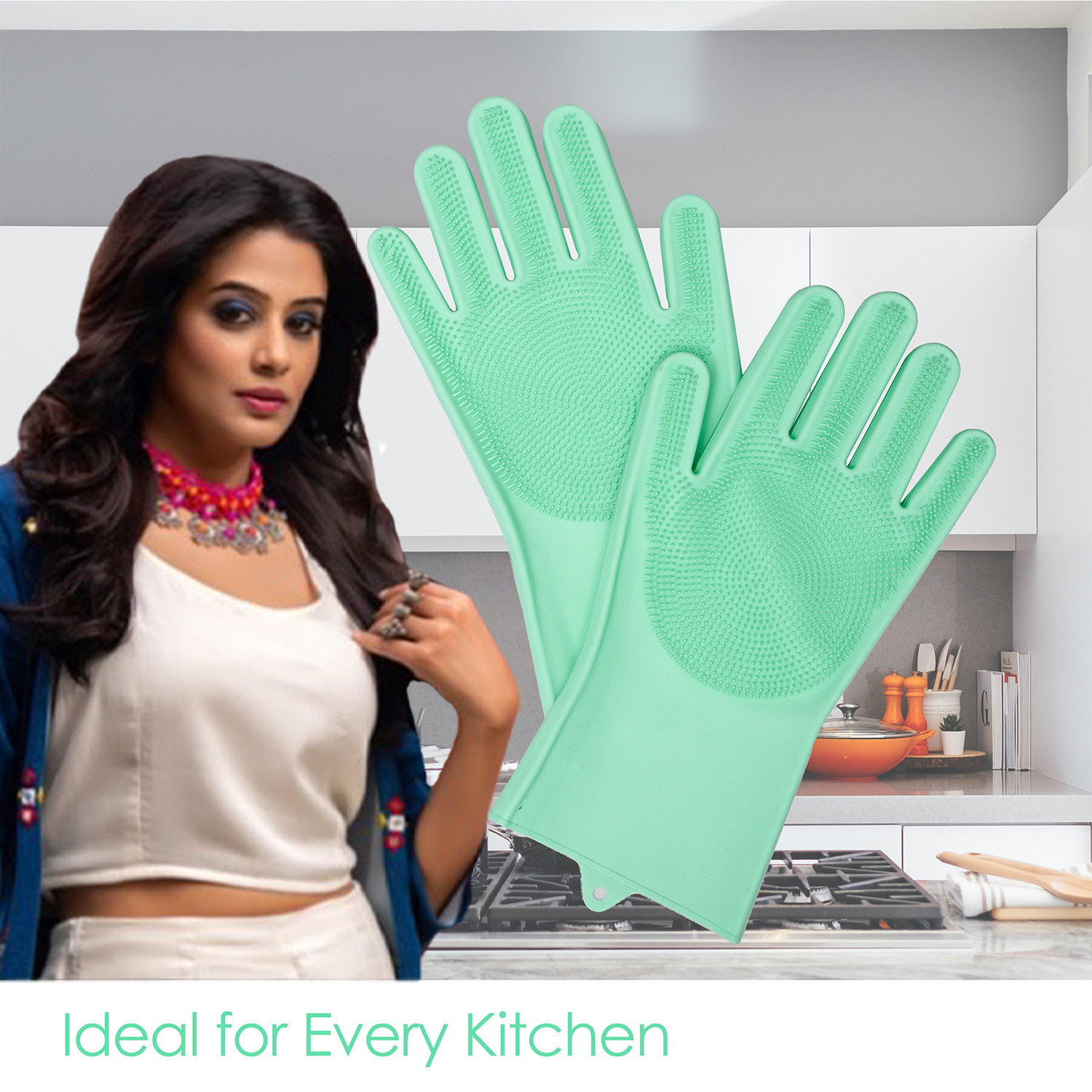 Kuber Industries Kitchen Gloves|Silicone Kitchen Dish Washing Gloves|Scrubbing Gloves For Kitchen|Car Cleaning Gloves|Bathroom Cleaning Gloves|1 Pair (Green)