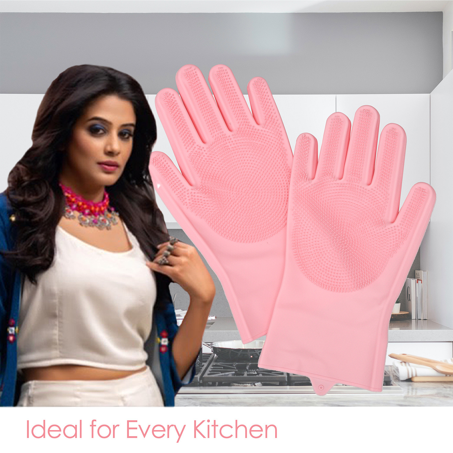 Kuber Industries Kitchen Gloves|Silicone Kitchen Dish Washing Gloves|Scrubbing Gloves For Kitchen|Car Cleaning Gloves|Bathroom Cleaning Gloves|1 Pair (Pink)