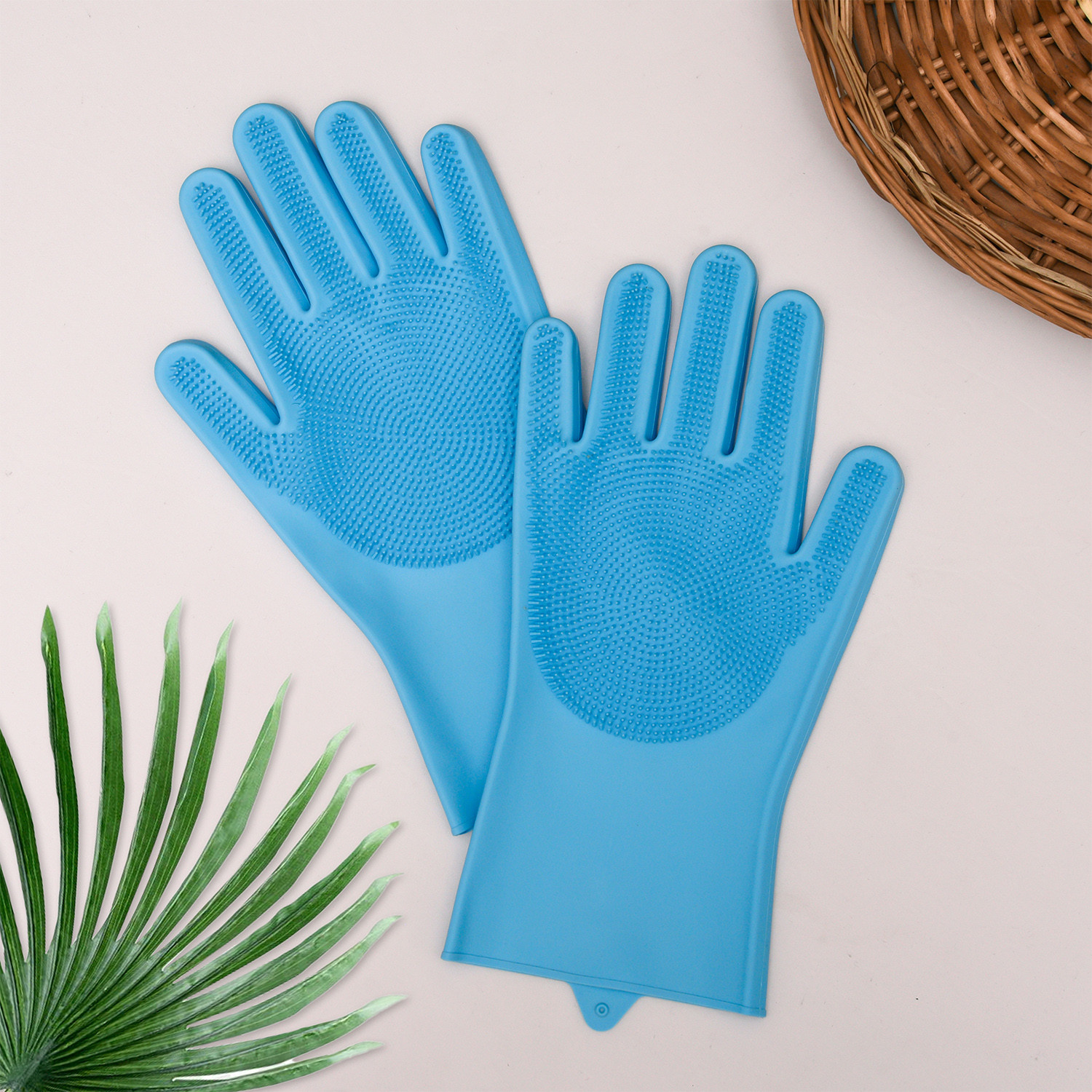 Kuber Industries Kitchen Gloves|Silicone Kitchen Dish Washing Gloves|Scrubbing Gloves For Kitchen|Car Cleaning Gloves|Bathroom Cleaning Gloves|1 Pair (Sky Blue)