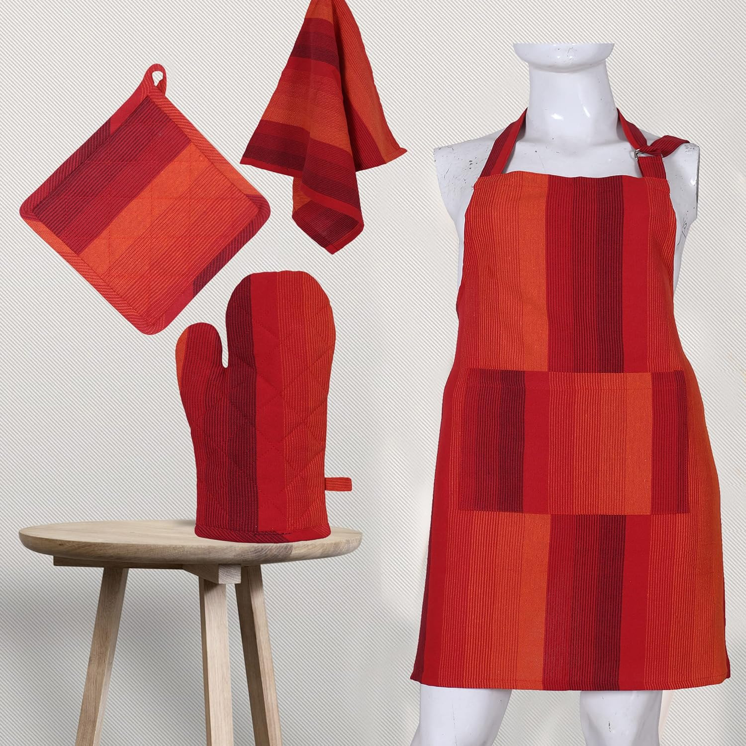 Kuber Industries Kitchen Linen Set|Cotton Glove,Pot Holder & Kitchen Towel|Adjustable Buckle Stain Resistant Cooking Kitchen Apron for Men,Women (Orange)