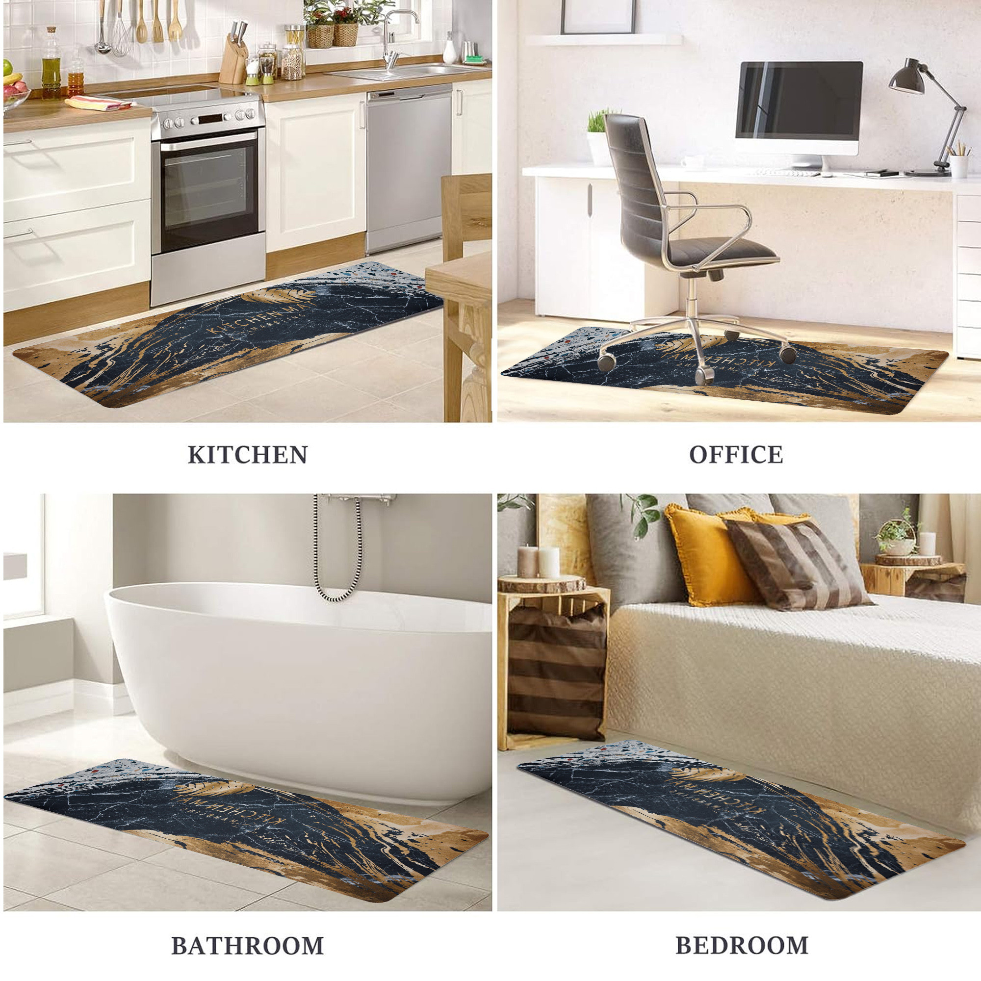 Kuber Industries Kitchen Mats for floor  Floor Carpet  Carpet for Home  Runner for Kitchen  Kitchen Floor Runner  Anti-Skid  Carpet Rug for Entrance  Golden Marble Print  Black