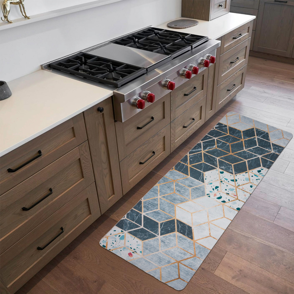 Image of Kuber Industries Kitchen Mats for floor | Floor Carpet | Carpet for Home | Runner for Kitchen | Kitchen Floor Runner | Anti-Skid | Carpet Rug for Entrance | Black Marble Print | White