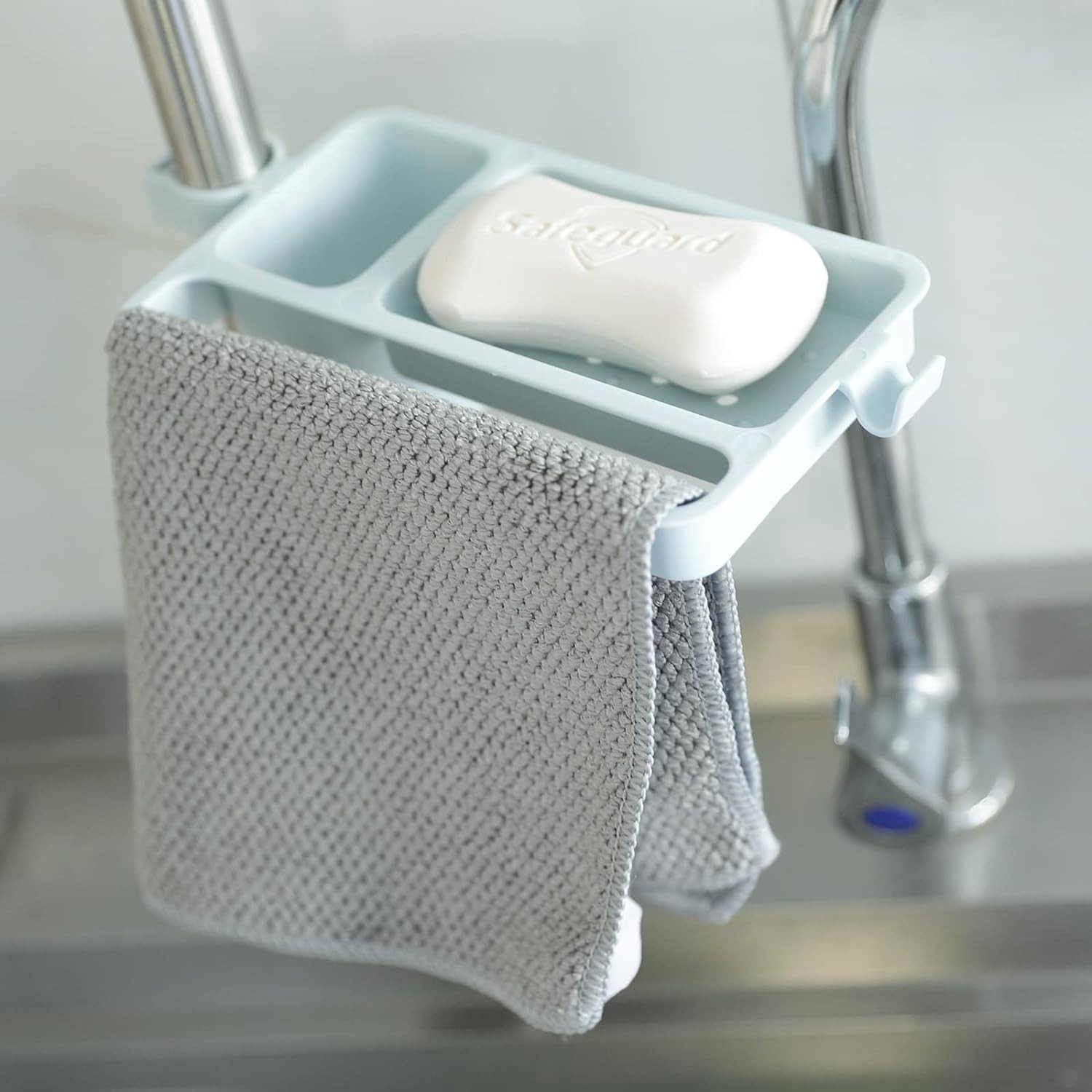 Kuber Industries Kitchen Organizer With Soap Holder|Premium PP|Durable & Sturdy|DIY Self-Adhesive Design|Multipurpose Bathroom Shelf|Smart Drainage Holes|TM18005|Blue
