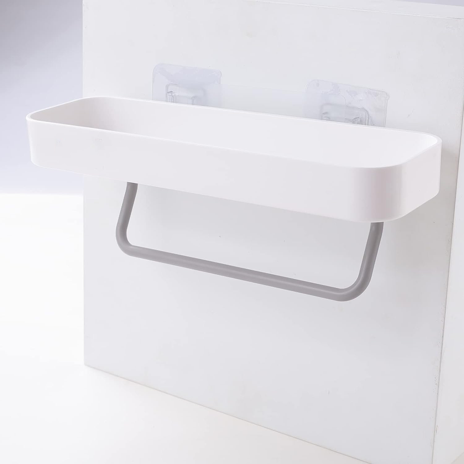 Kuber Industries Kitchen Organizer With Towel Hanger|Self-Adhesive Wall Shelf|Non-Toxic|Easy To Fit Plastic Bathroom Shelf|Multipurpose Wall Mounted Shelf For Bathroom & Kitchen|1323|White