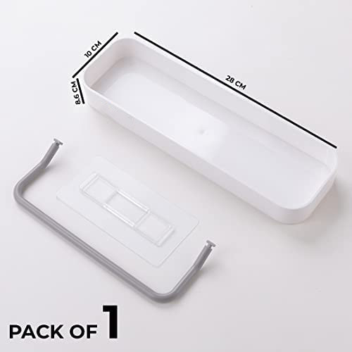 Kuber Industries Kitchen Organizer With Towel Hanger|Self-Adhesive Wall Shelf|Non-Toxic|Easy To Fit Plastic Bathroom Shelf|Multipurpose Wall Mounted Shelf For Bathroom & Kitchen|1323|White