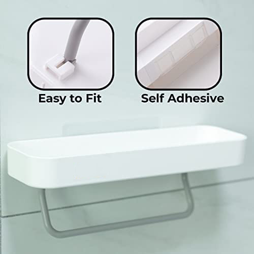 Kuber Industries Kitchen Organizer With Towel Hanger|Self-Adhesive Wall Shelf|Non-Toxic|Easy To Fit Plastic Bathroom Shelf|Multipurpose Wall Mounted Shelf For Bathroom & Kitchen|1323|White