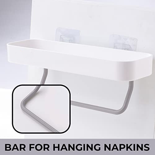 Kuber Industries Kitchen Organizer With Towel Hanger|Self-Adhesive Wall Shelf|Non-Toxic|Easy To Fit Plastic Bathroom Shelf|Multipurpose Wall Mounted Shelf For Bathroom & Kitchen|1323|White