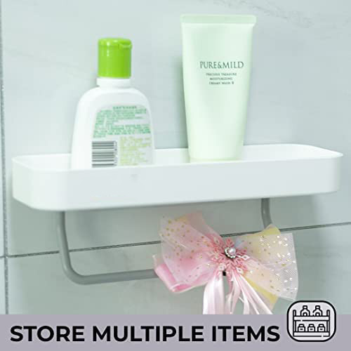 Kuber Industries Kitchen Organizer With Towel Hanger|Self-Adhesive Wall Shelf|Non-Toxic|Easy To Fit Plastic Bathroom Shelf|Multipurpose Wall Mounted Shelf For Bathroom & Kitchen|1323|White