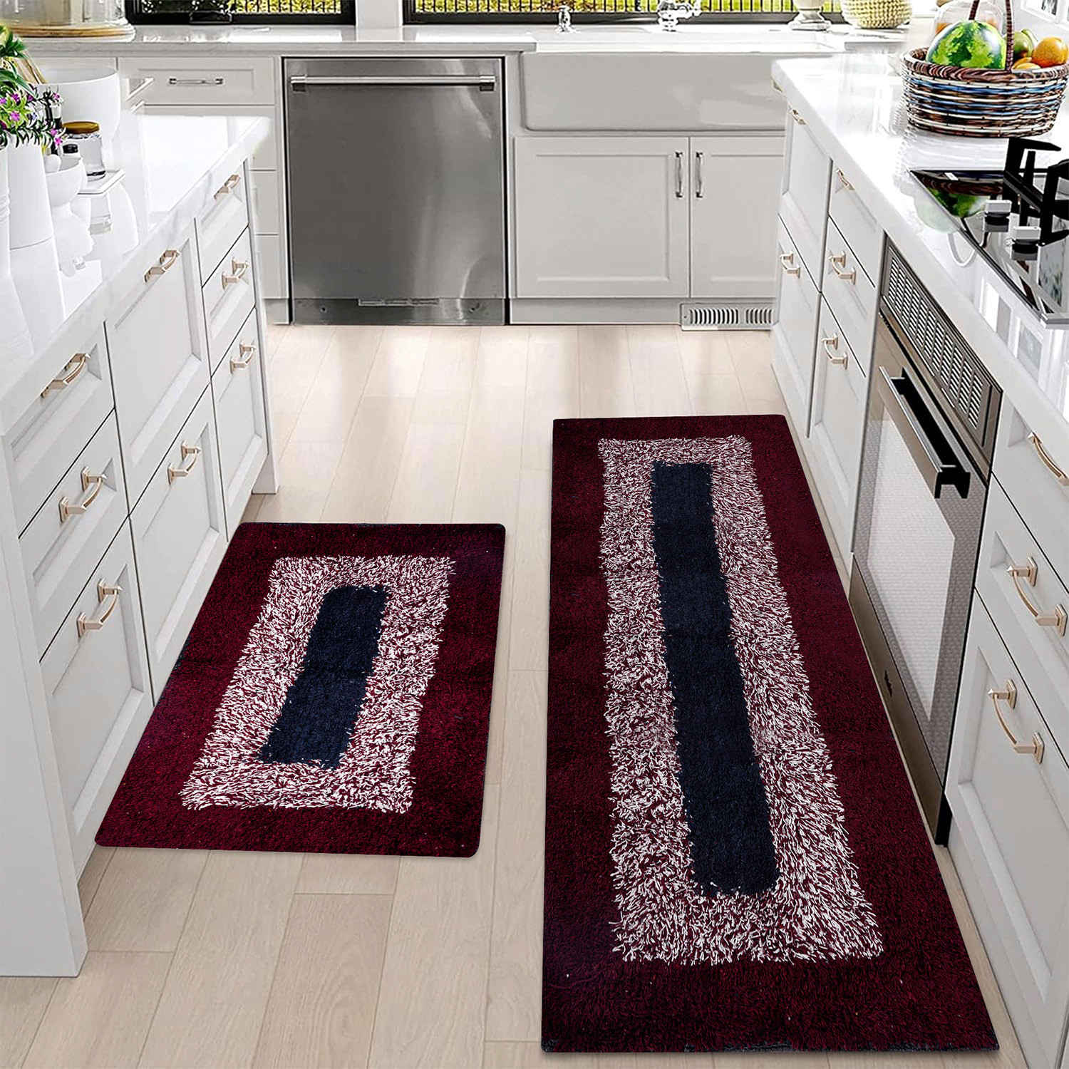 Kuber Industries Kitchen Set  Luxury Kitchen Floor Door Mat Runner Set  Doormat for Kitchen  Cotton Border Kitchen Set  Door Mat  Kitchen Runner Set  2 Pcs Set  Maroon