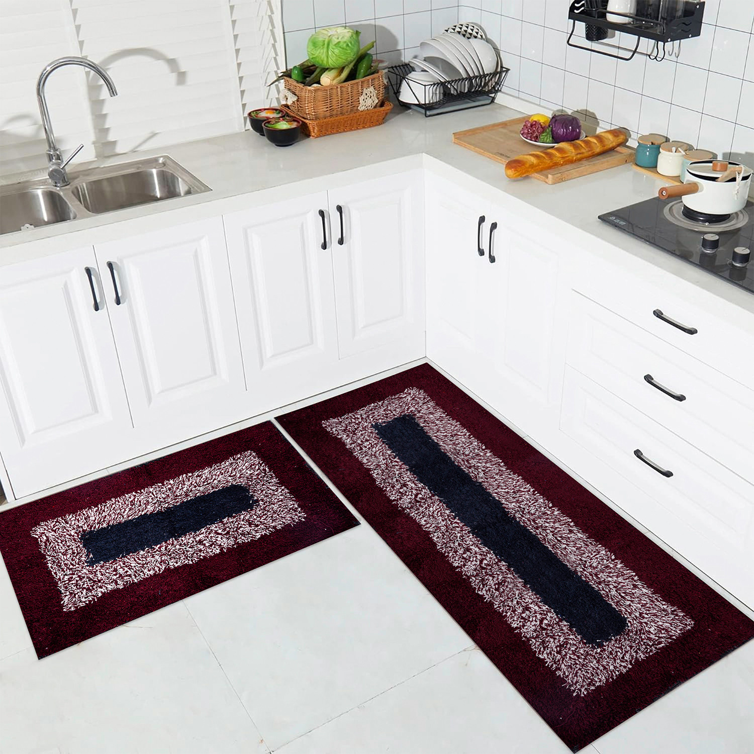 Kuber Industries Kitchen Set | Luxury Kitchen Floor Door Mat Runner Set | Doormat for Kitchen | Cotton Border Kitchen Set | Door Mat & Kitchen Runner Set | 2 Pcs Set | Maroon