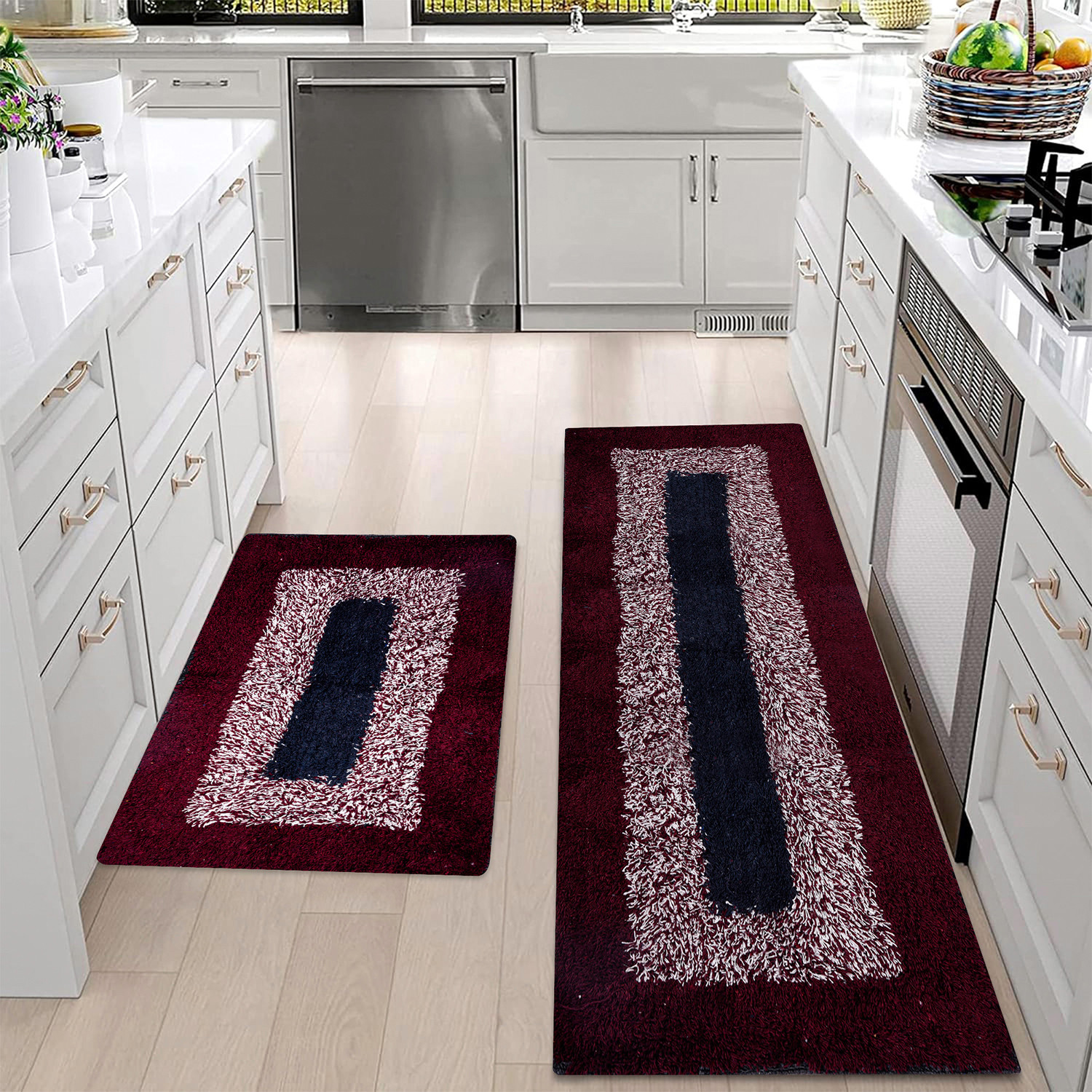 Kuber Industries Kitchen Set | Luxury Kitchen Floor Door Mat Runner Set | Doormat for Kitchen | Cotton Border Kitchen Set | Door Mat & Kitchen Runner Set | 2 Pcs Set | Maroon