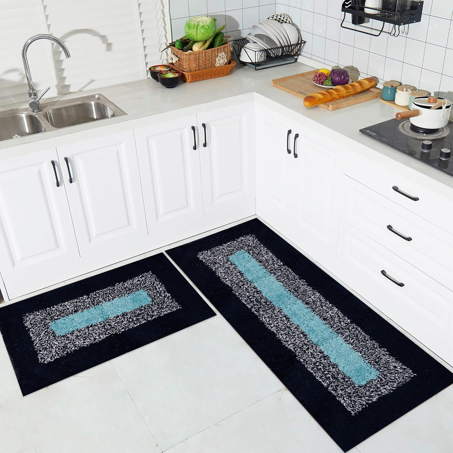 Kuber Industries Kitchen Set | Luxury Kitchen Floor Door Mat Runner Set | Doormat for Kitchen | Cotton Border Kitchen Set | Door Mat & Kitchen Runner Set | 2 Pcs Set | Blue