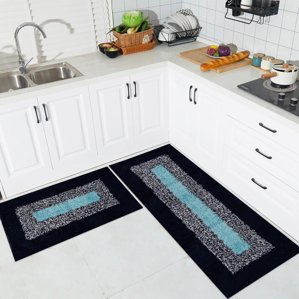 Kuber Industries Kitchen Set | Luxury Kitchen Floor Door Mat Runner Set | Doormat for Kitchen | Cotton Border Kitchen Set | Door Mat &amp; Kitchen Runner Set | 2 Pcs Set | Blue