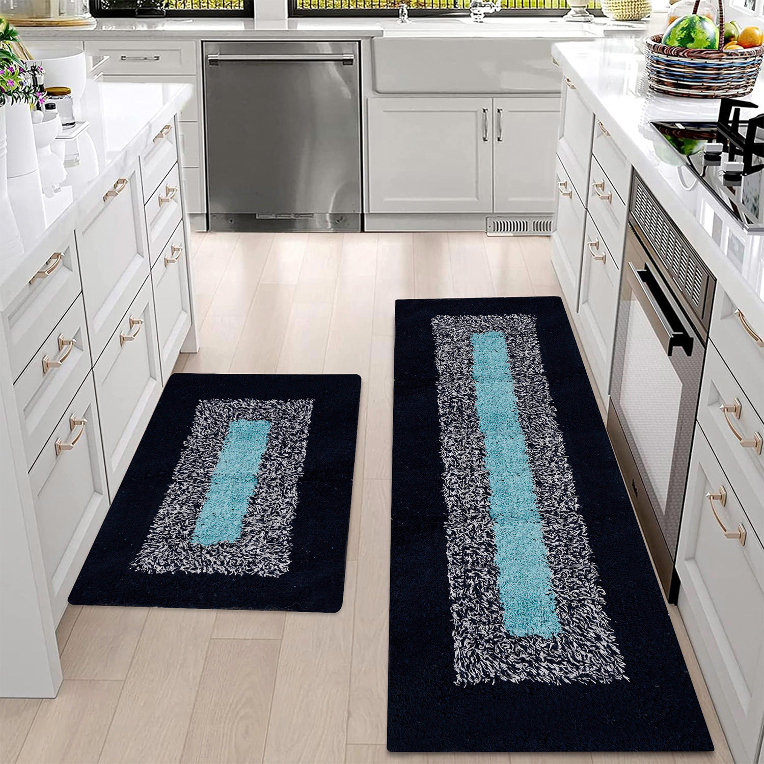 Kuber Industries Kitchen Set | Luxury Kitchen Floor Door Mat Runner Set | Doormat for Kitchen | Cotton Border Kitchen Set | Door Mat & Kitchen Runner Set | 2 Pcs Set | Blue