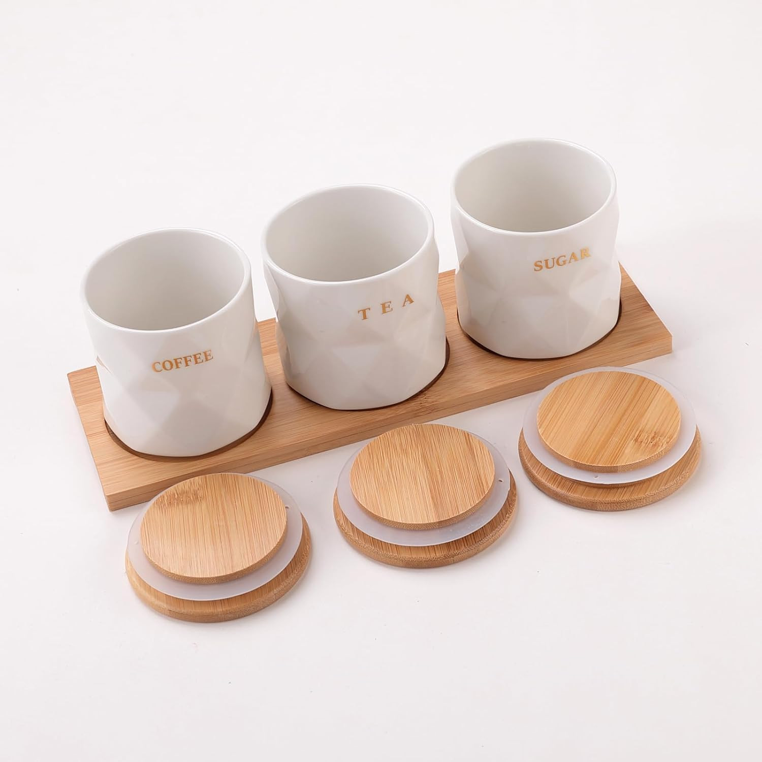Kuber Industries Kitchen Storage Box | Spoon and Wooden Tray Spice Container | Round Condiment Jar | Air-Tight Bamboo Lid Kitchen Set | Small | Set of 3 | PLS761-1S | 300 ML | White