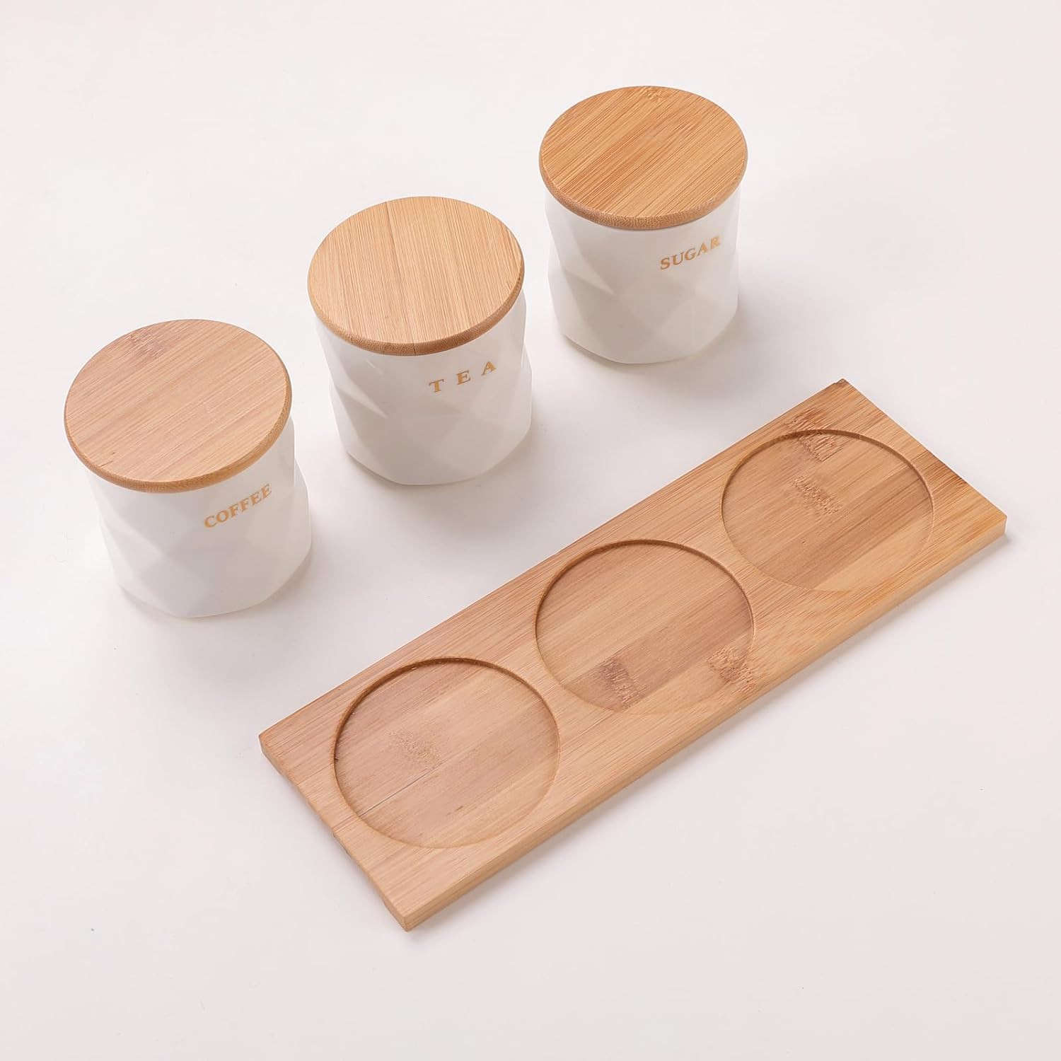 Kuber Industries Kitchen Storage Box | Spoon and Wooden Tray Spice Container | Round Condiment Jar | Air-Tight Bamboo Lid Kitchen Set | Small | Set of 3 | PLS761-1S | 300 ML | White