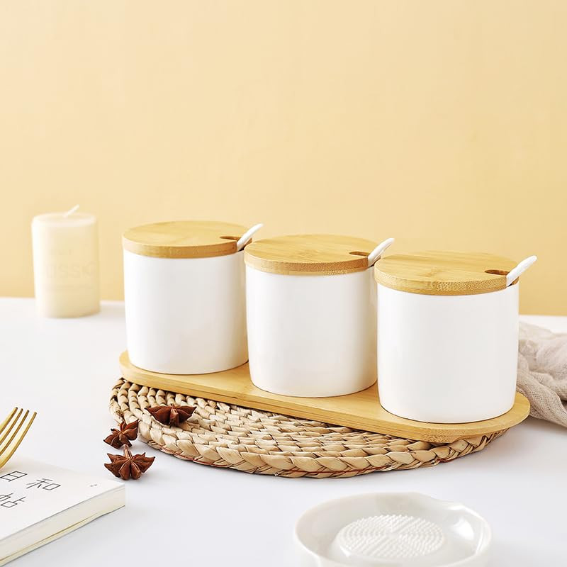 Kuber Industries Kitchen Storage Box | Spoon and Wooden Tray Spice Container | Round Condiment Jar for Home | Air-Tight Bamboo Lid Kitchen Set | Set of 3 | BK03WT | 250 ML | White