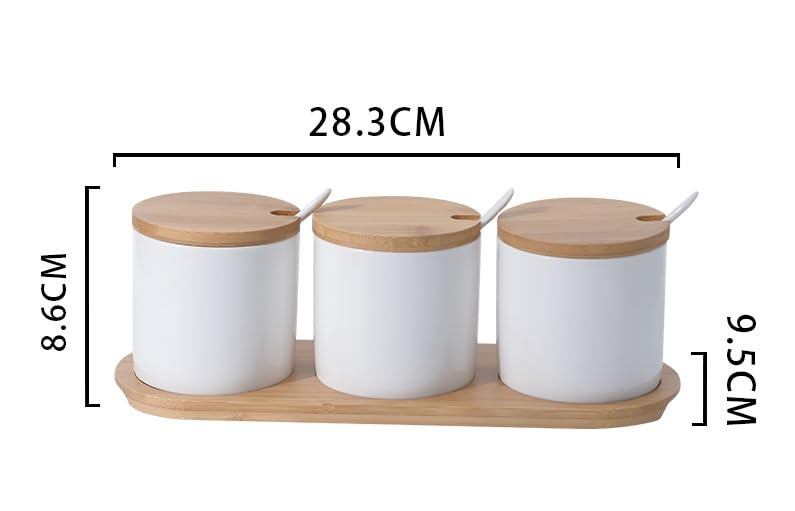 Kuber Industries Kitchen Storage Box | Spoon and Wooden Tray Spice Container | Round Condiment Jar for Home | Air-Tight Bamboo Lid Kitchen Set | Set of 3 | BK03WT | 250 ML | White