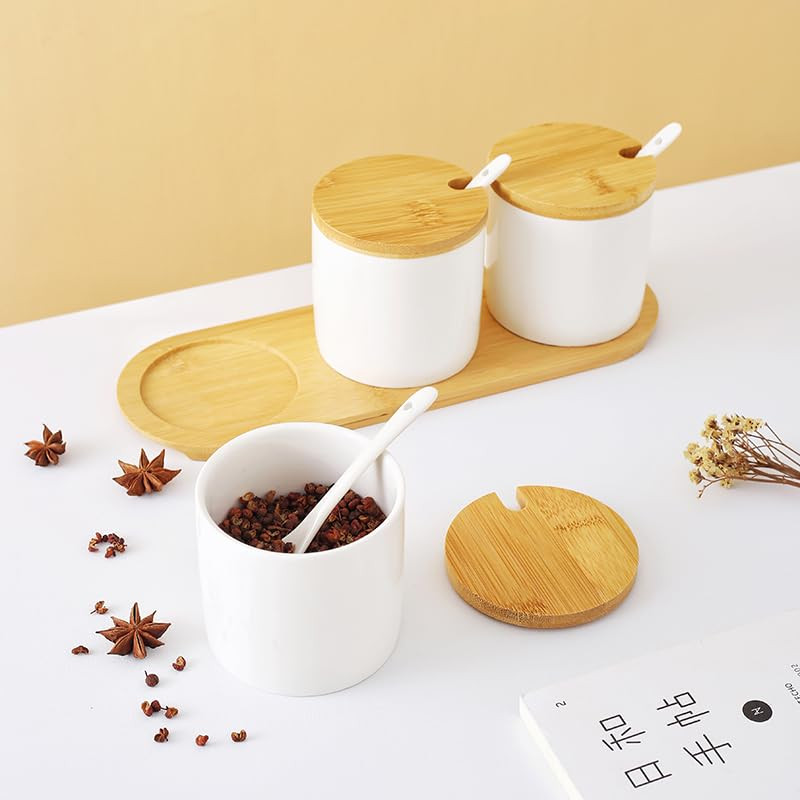Kuber Industries Kitchen Storage Box | Spoon and Wooden Tray Spice Container | Round Condiment Jar for Home | Air-Tight Bamboo Lid Kitchen Set | Set of 3 | BK03WT | 250 ML | White