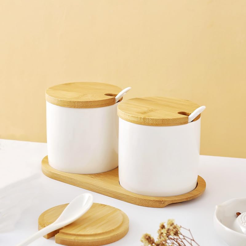 Kuber Industries Kitchen Storage Box | Spoon and Wooden Tray Spice Container | Round Condiment Jar for Home | Air-Tight Bamboo Lid Kitchen Set | Set of 2 | BK02WT | 250 ML | White