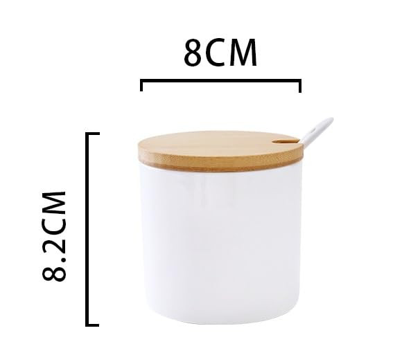 Kuber Industries Kitchen Storage Box | Spoon and Wooden Tray Spice Container | Round Condiment Jar for Home | Air-Tight Bamboo Lid Kitchen Set | Set of 2 | BK02WT | 250 ML | White