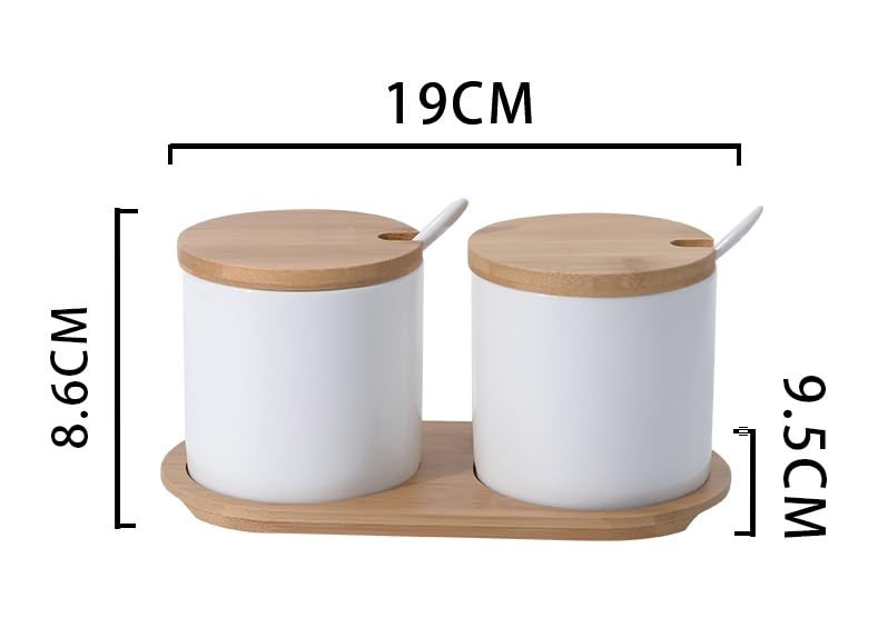 Kuber Industries Kitchen Storage Box | Spoon and Wooden Tray Spice Container | Round Condiment Jar for Home | Air-Tight Bamboo Lid Kitchen Set | Set of 2 | BK02WT | 250 ML | White