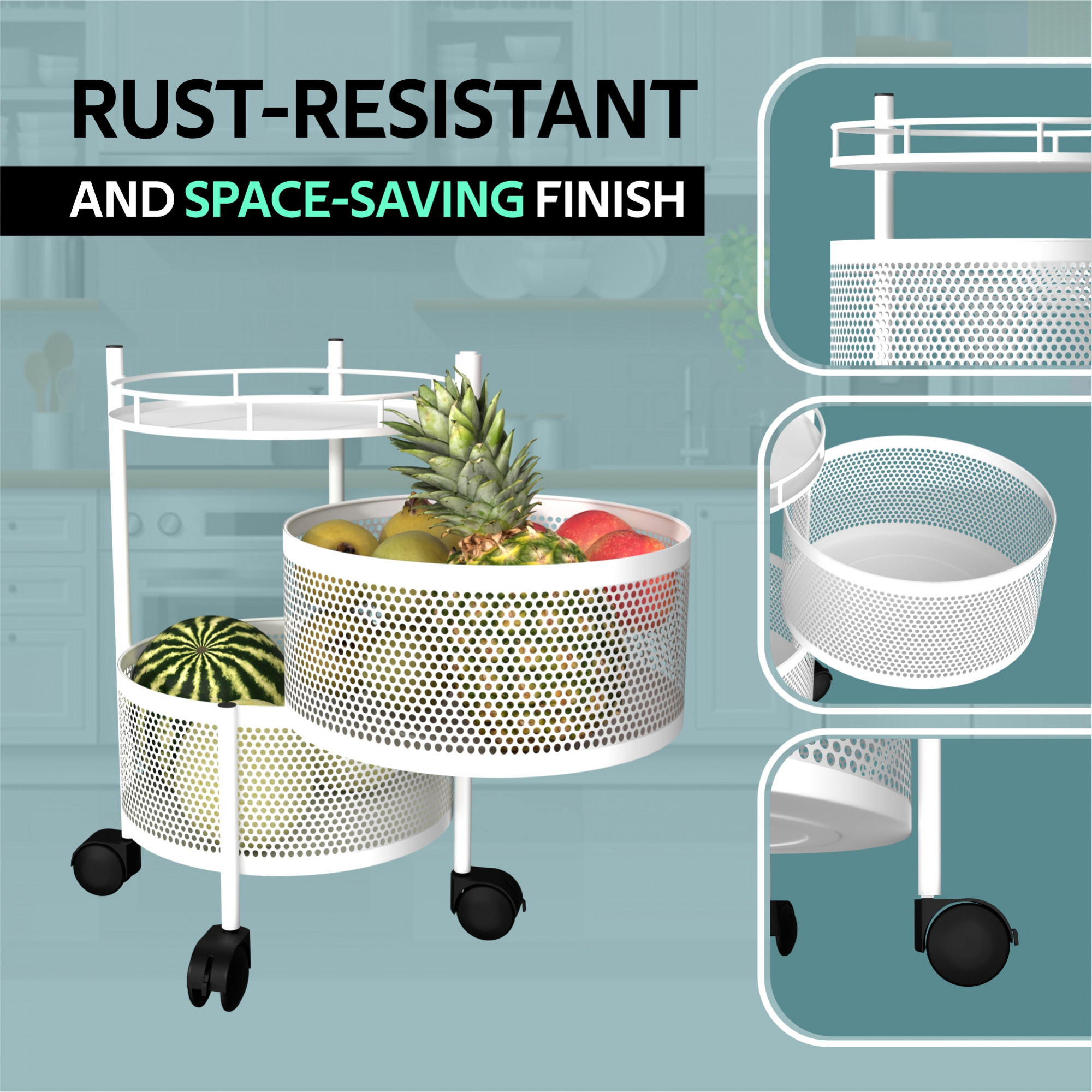 Kuber Industries Kitchen Storage Rack  2-Tier Rotating Vegetable Rack  Round Multipurpose Storage Trolley with Wheels  Metal Fruit Rack  White