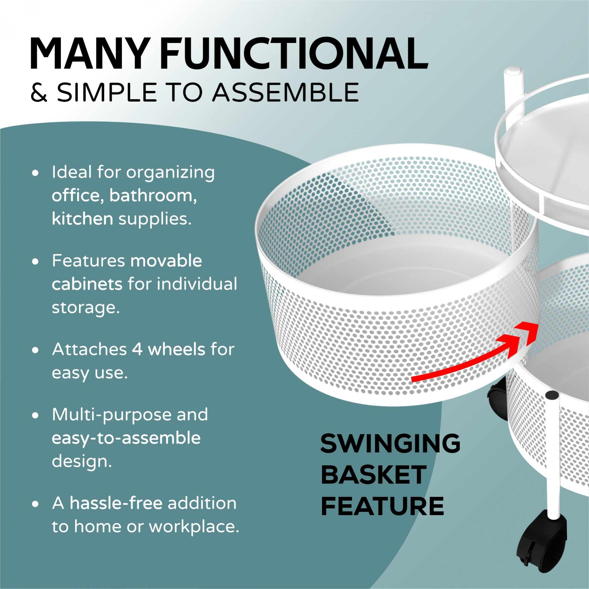 Kuber Industries Kitchen Storage Rack  2-Tier Rotating Vegetable Rack  Round Multipurpose Storage Trolley with Wheels  Metal Fruit Rack  White