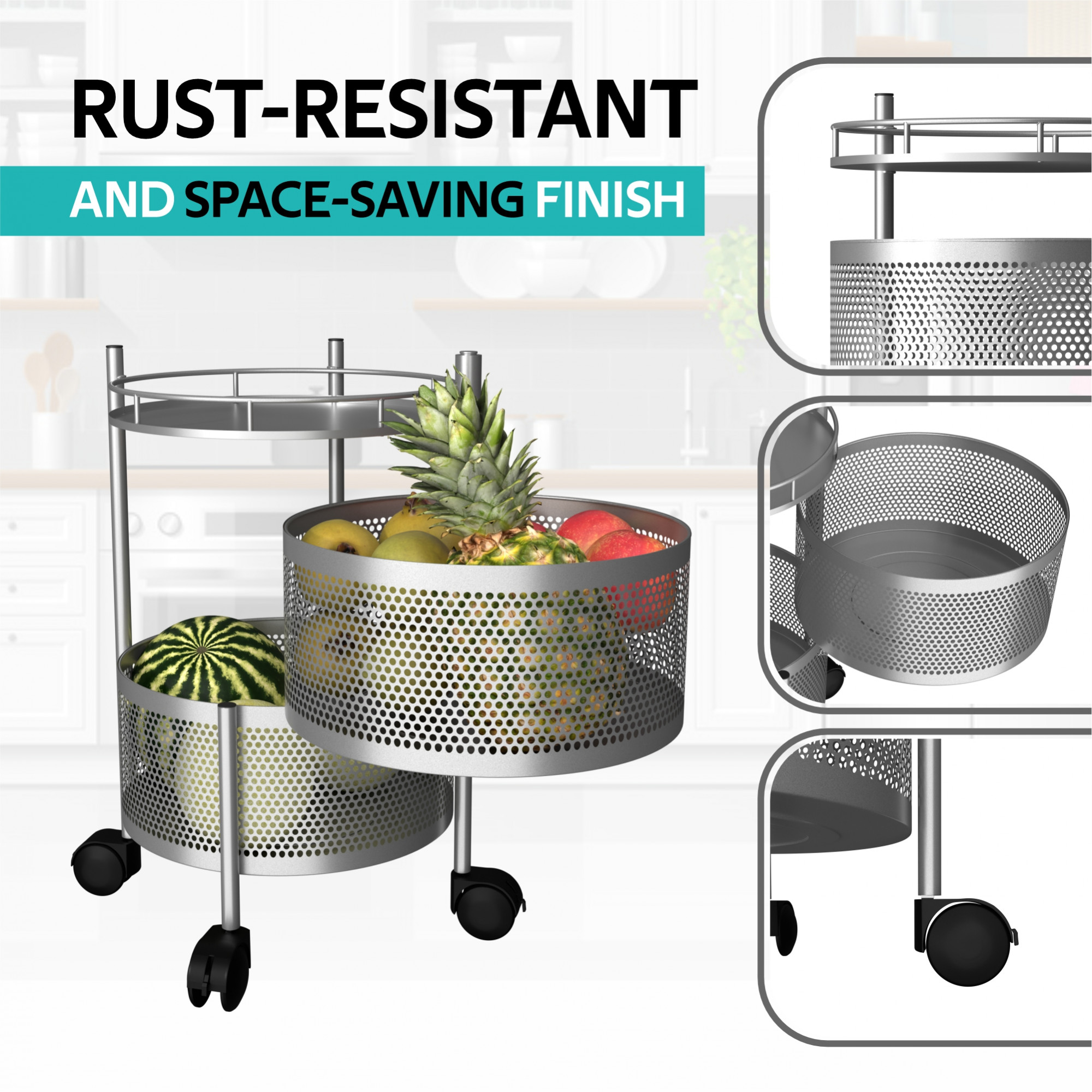 Kuber Industries Kitchen Storage Rack  2-Tier Rotating Vegetable Rack  Round Multipurpose Storage Trolley with Wheels  Metal Fruit Rack  Silver