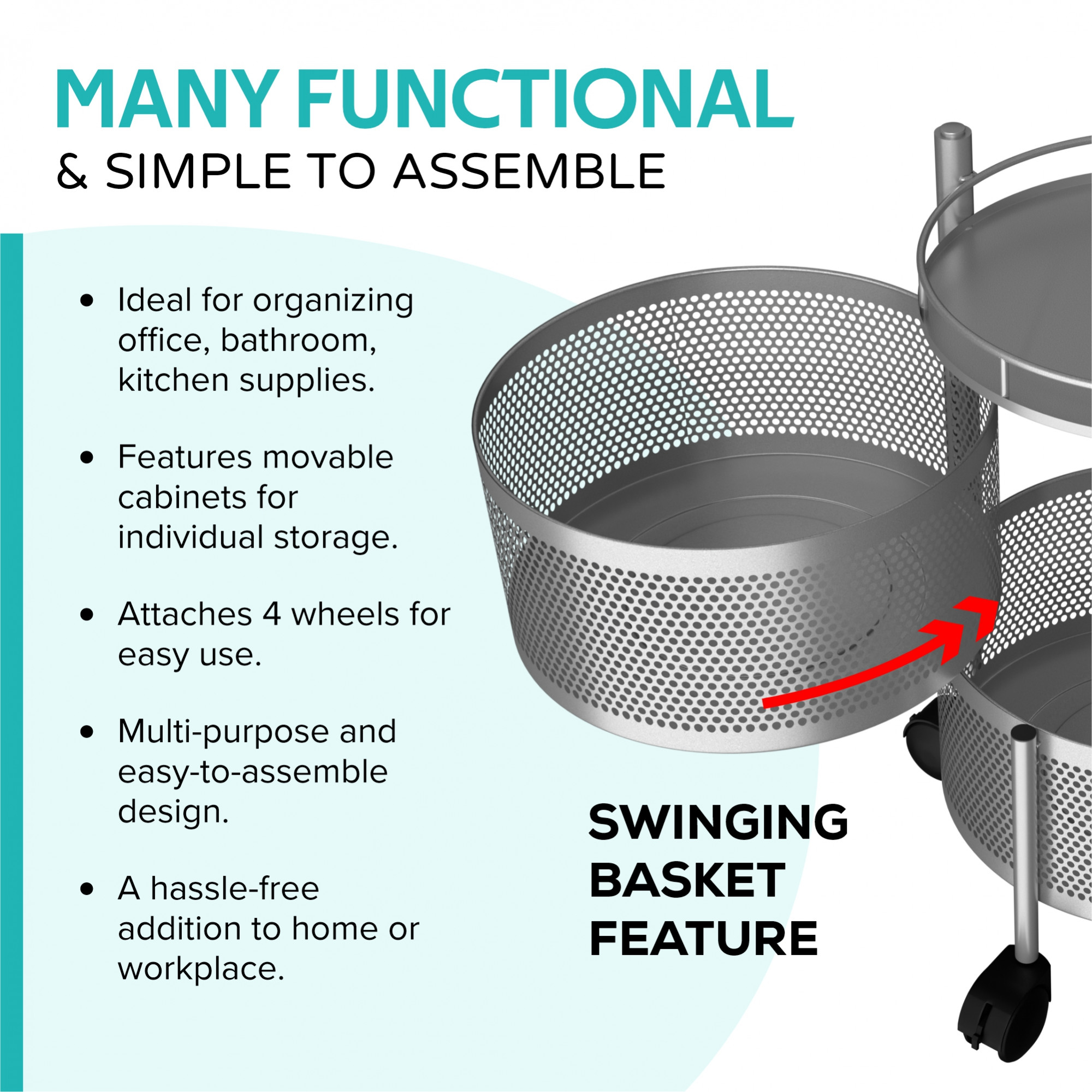 Kuber Industries Kitchen Storage Rack  2-Tier Rotating Vegetable Rack  Round Multipurpose Storage Trolley with Wheels  Metal Fruit Rack  Silver