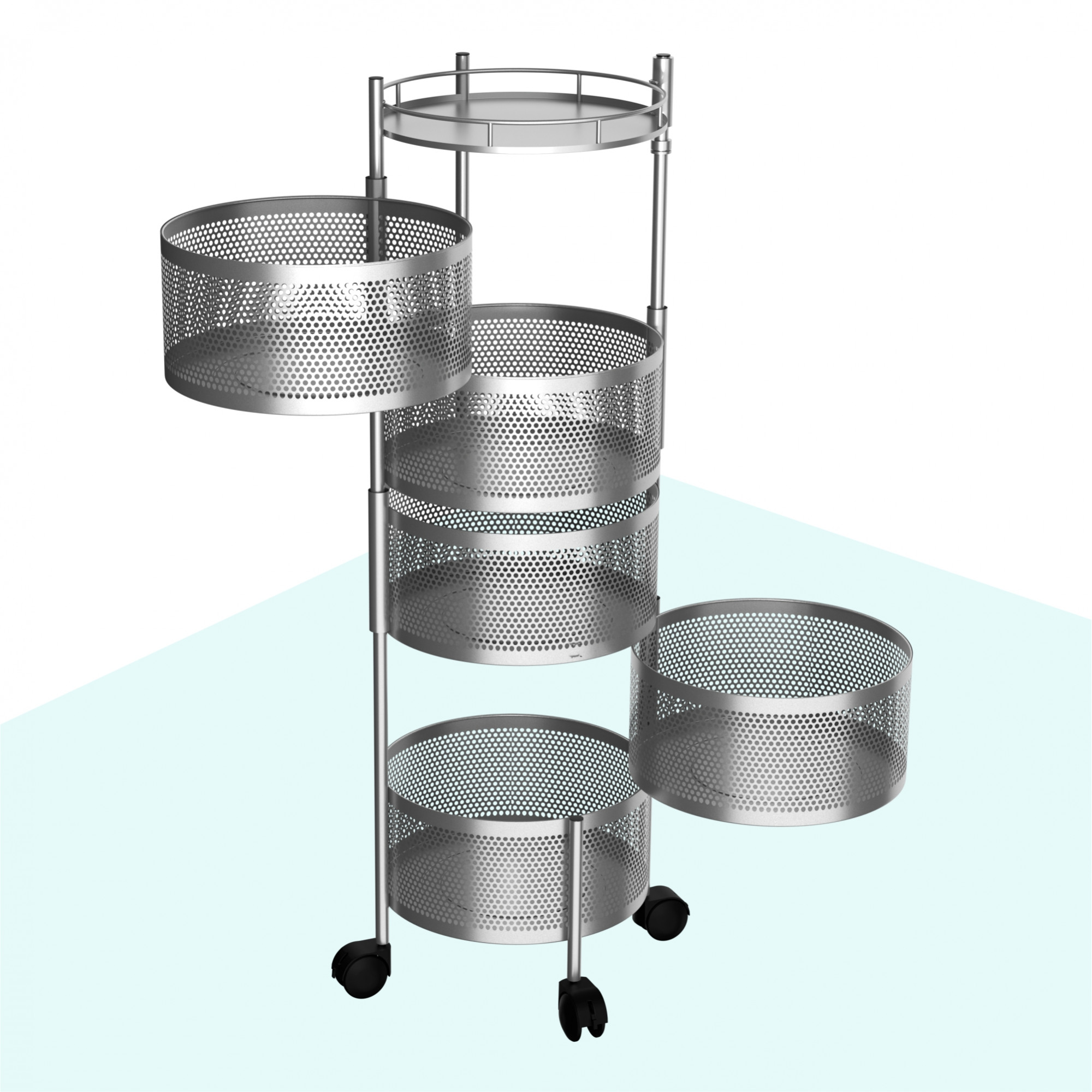 Kuber Industries Kitchen Storage Rack  2-Tier Rotating Vegetable Rack  Round Multipurpose Storage Trolley with Wheels  Metal Fruit Rack  Silver
