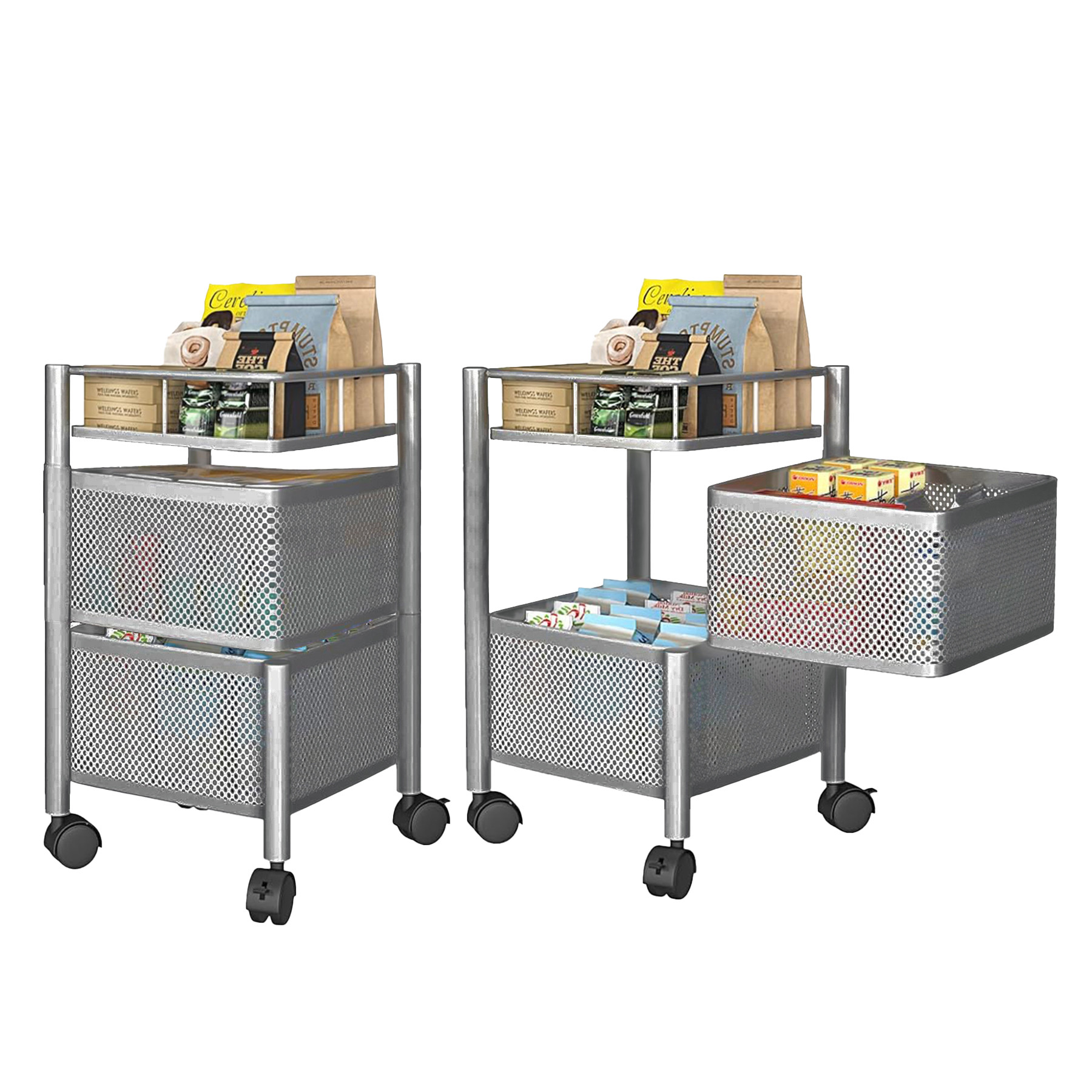 Kuber Industries Kitchen Storage Rack  2-Tier Square Multipurpose Storage Trolley with Wheels  Revolving Vegetable Rack  Metal Fruit Rack  Silver