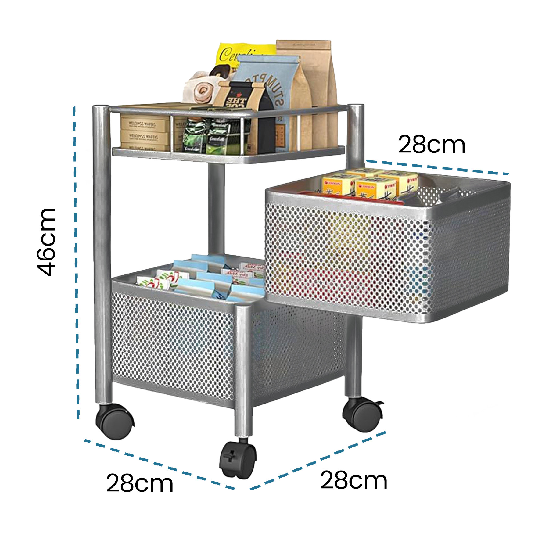 Kuber Industries Kitchen Storage Rack  2-Tier Square Multipurpose Storage Trolley with Wheels  Revolving Vegetable Rack  Metal Fruit Rack  Silver