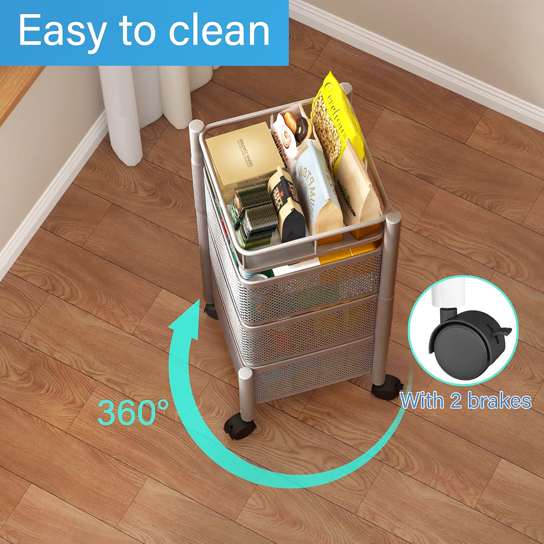 Kuber Industries Kitchen Storage Rack  2-Tier Square Multipurpose Storage Trolley with Wheels  Revolving Vegetable Rack  Metal Fruit Rack  Silver