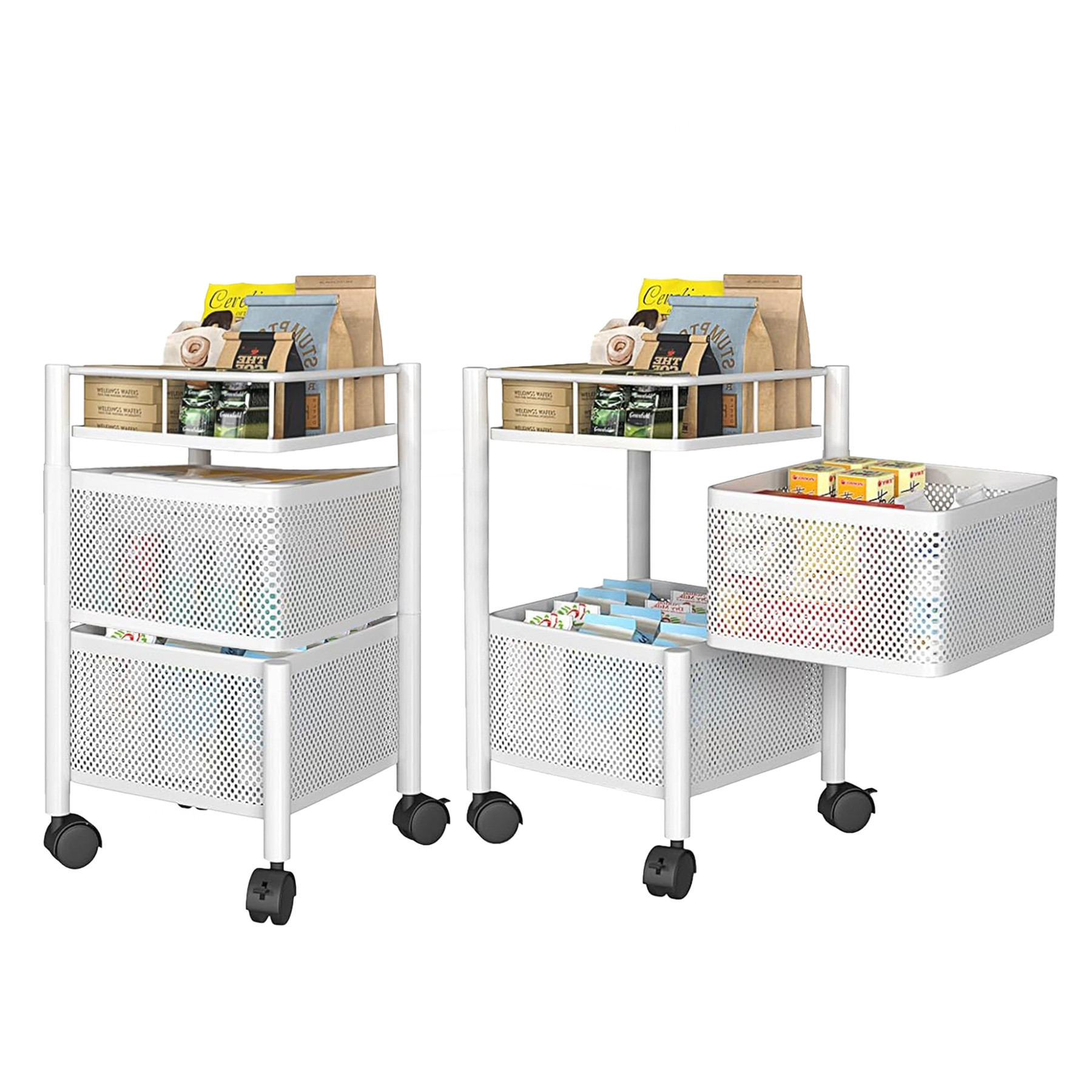 Kuber Industries Kitchen Storage Rack  2-Tier Square Multipurpose Storage Trolley with Wheels  Revolving Vegetable Rack  Metal Fruit Rack  White