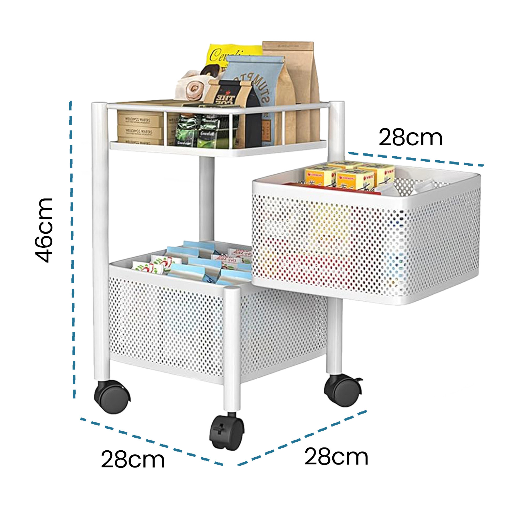 Kuber Industries Kitchen Storage Rack  2-Tier Square Multipurpose Storage Trolley with Wheels  Revolving Vegetable Rack  Metal Fruit Rack  White