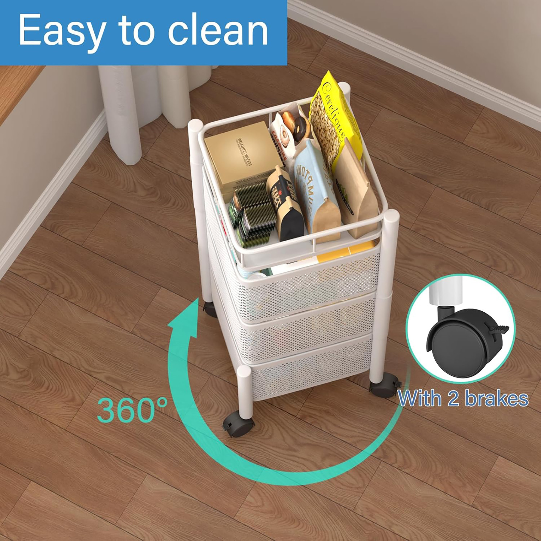 Kuber Industries Kitchen Storage Rack  2-Tier Square Multipurpose Storage Trolley with Wheels  Revolving Vegetable Rack  Metal Fruit Rack  White