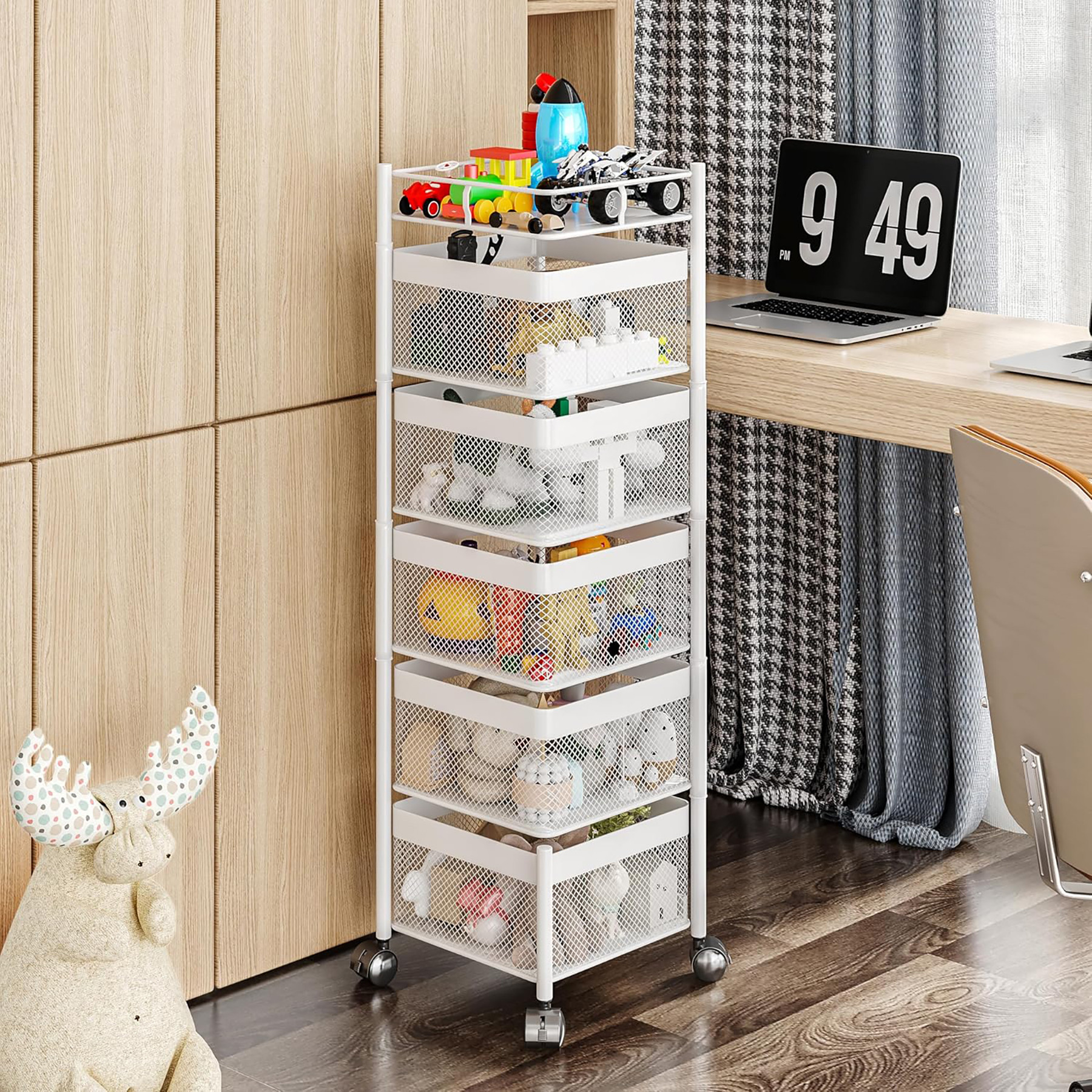 Kuber Industries Kitchen Storage Rack  2-Tier Square Multipurpose Storage Trolley with Wheels  Revolving Vegetable Rack  Metal Fruit Rack  White
