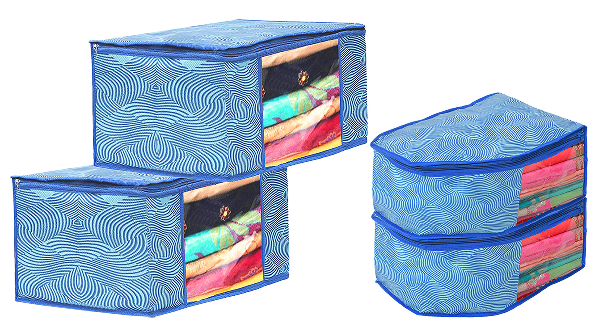 Kuber Industries Lahariya Design Non-woven Foldable Saree & Blouse Cover/Clothes Storage Bag/Wardrobe Organizer Set With Transparent Window-(Blue)-44KM0575