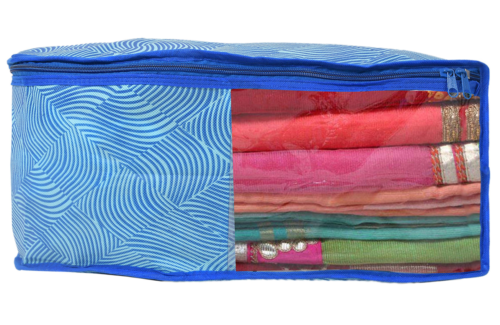 Kuber Industries Lahariya Design Non-woven Foldable Saree & Blouse Cover/Clothes Storage Bag/Wardrobe Organizer Set With Transparent Window-(Blue)-44KM0575