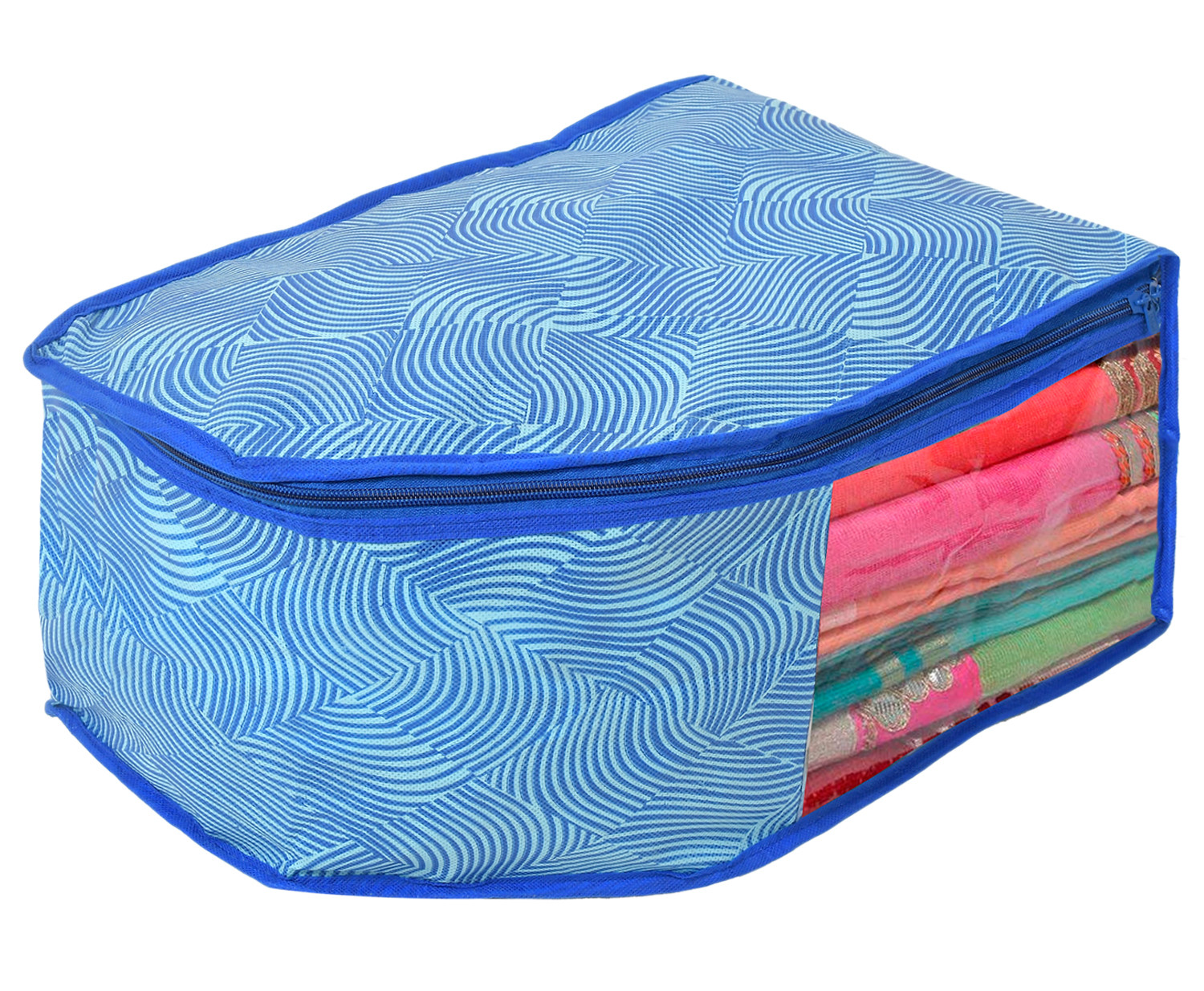 Kuber Industries Lahariya Design Non-woven Foldable Saree & Blouse Cover/Clothes Storage Bag/Wardrobe Organizer Set With Transparent Window-(Blue)-44KM0575