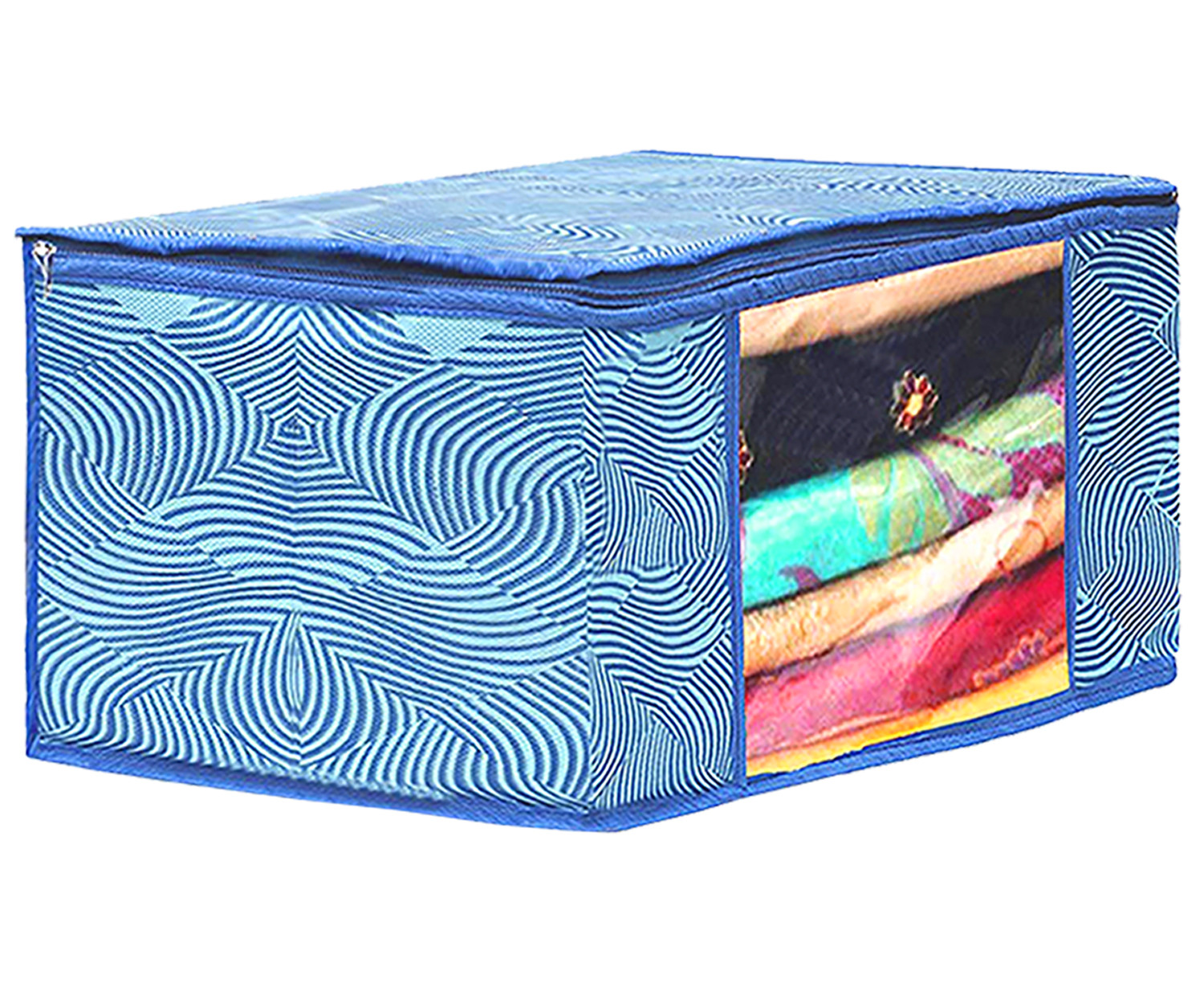 Kuber Industries Lahariya Design Non-woven Foldable Saree & Blouse Cover/Clothes Storage Bag/Wardrobe Organizer Set With Transparent Window-(Blue)-44KM0575