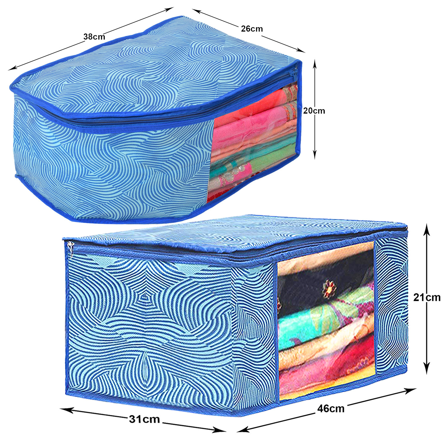 Kuber Industries Lahariya Design Non-woven Foldable Saree & Blouse Cover/Clothes Storage Bag/Wardrobe Organizer Set With Transparent Window-(Blue)-44KM0575