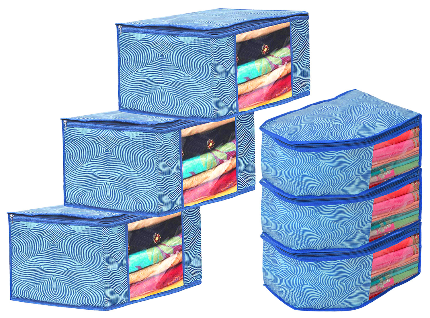 Kuber Industries Lahariya Design Non-woven Foldable Saree & Blouse Cover/Clothes Storage Bag/Wardrobe Organizer Set With Transparent Window-(Blue)-44KM0575