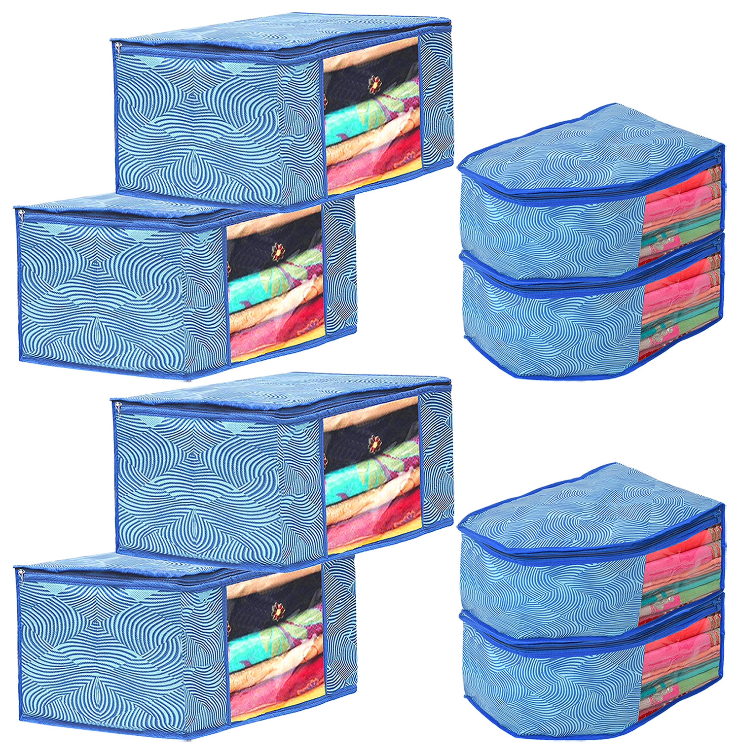Kuber Industries Lahariya Design Non-woven Foldable Saree & Blouse Cover/Clothes Storage Bag/Wardrobe Organizer Set With Transparent Window-(Blue)-44KM0575